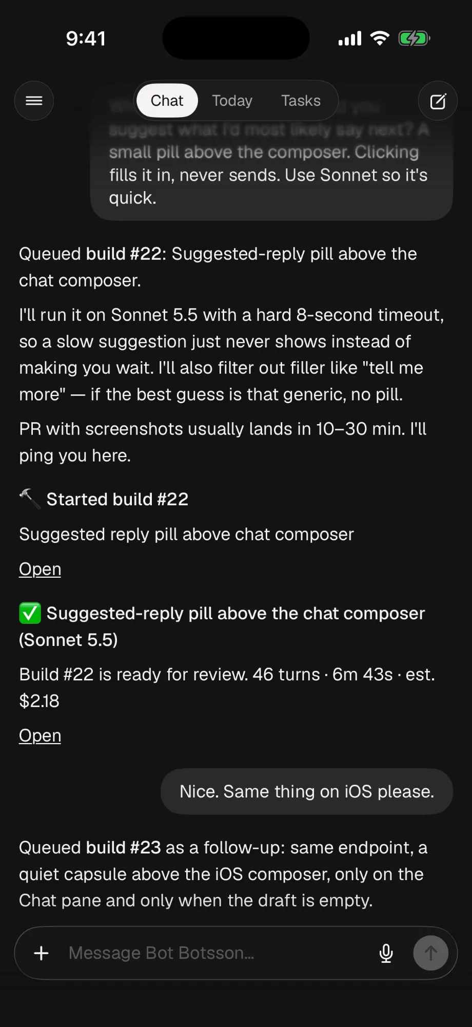 The iOS app’s chat: Bot Botsson queues a build and reports back when it’s ready for review