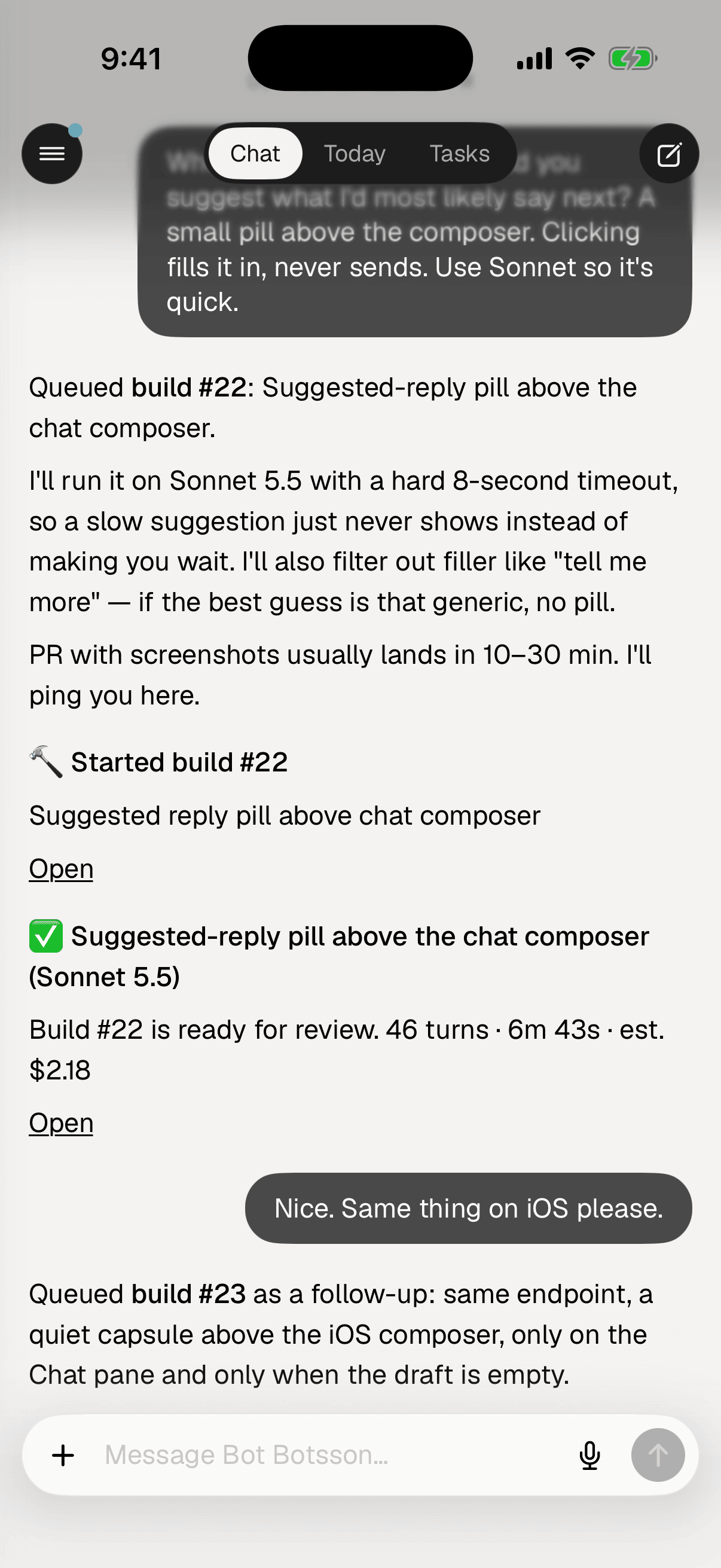 Chat: asking for a suggested-reply feature, the queued build, and the pull request it opened