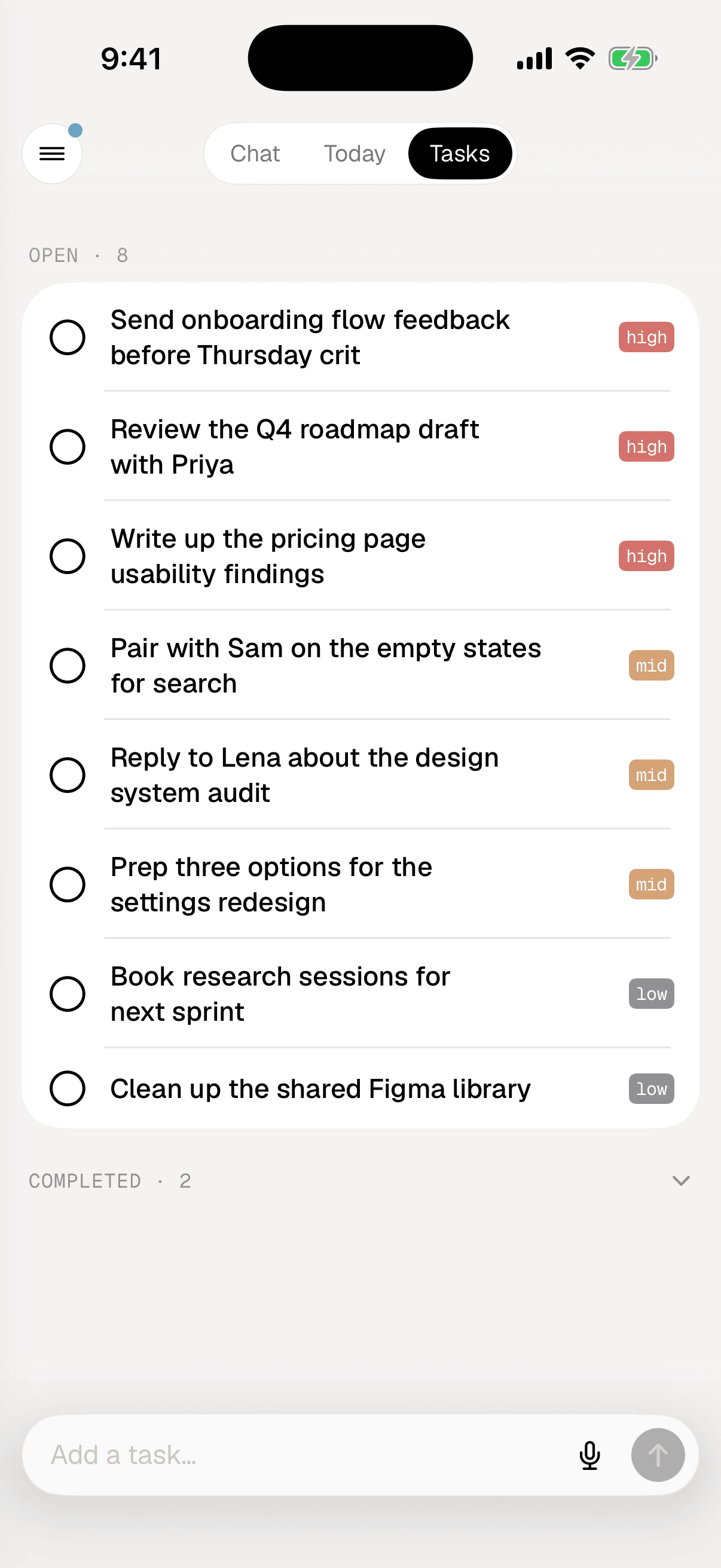 The Tasks tab: open work tasks by priority