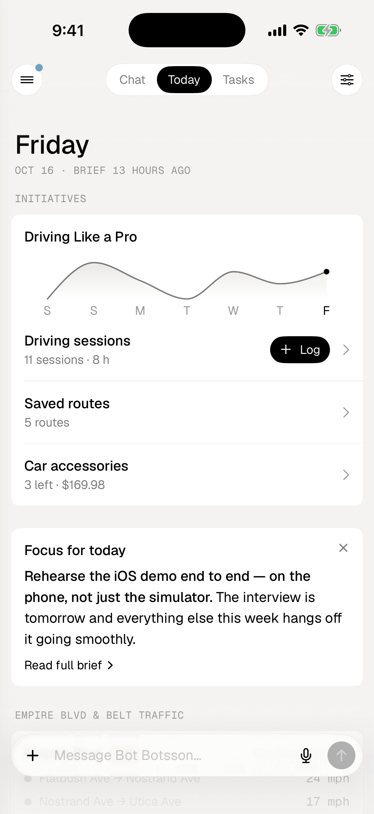 The Today tab: the driving initiative with its weekly chart, then the morning brief