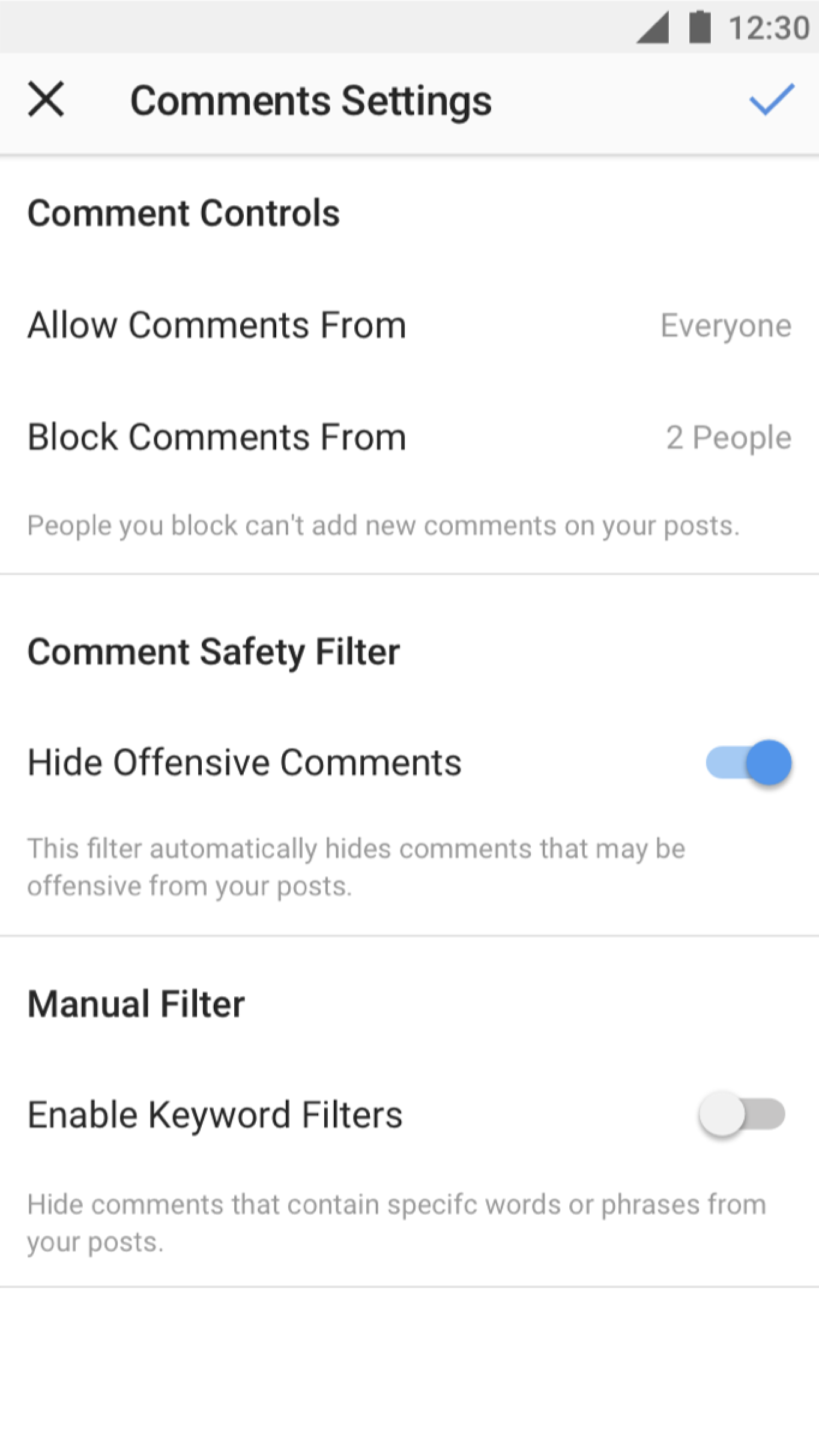 Instagram comment settings with offensive-comment and keyword filters