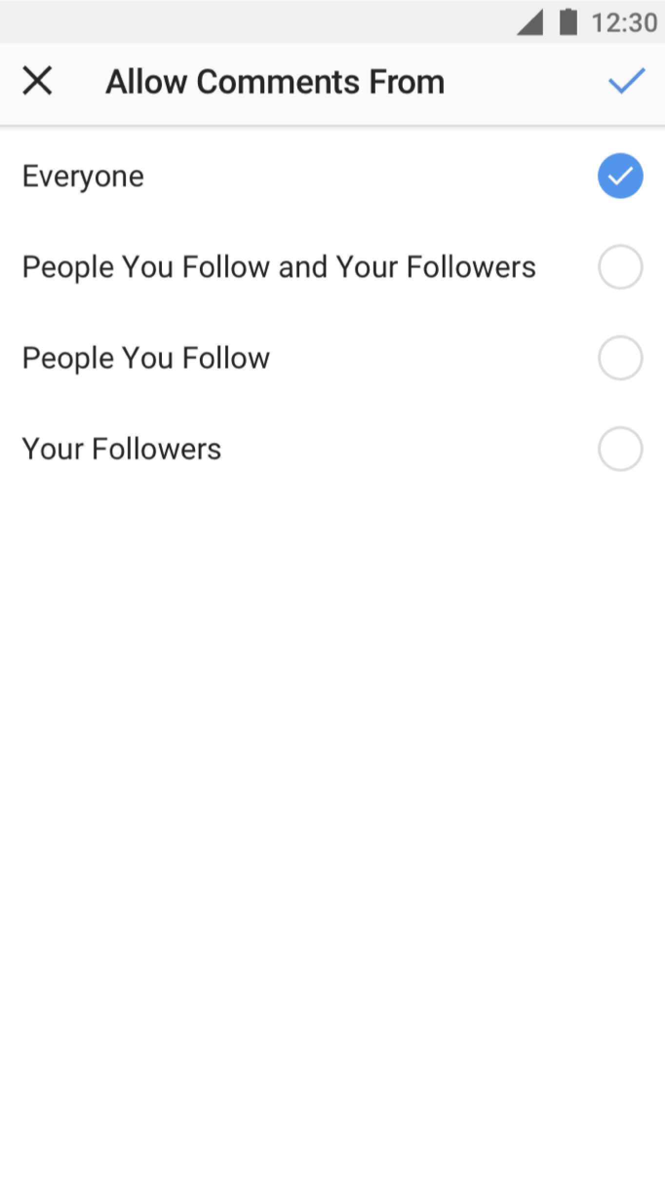 Choosing who can comment: everyone, followers, or people you follow