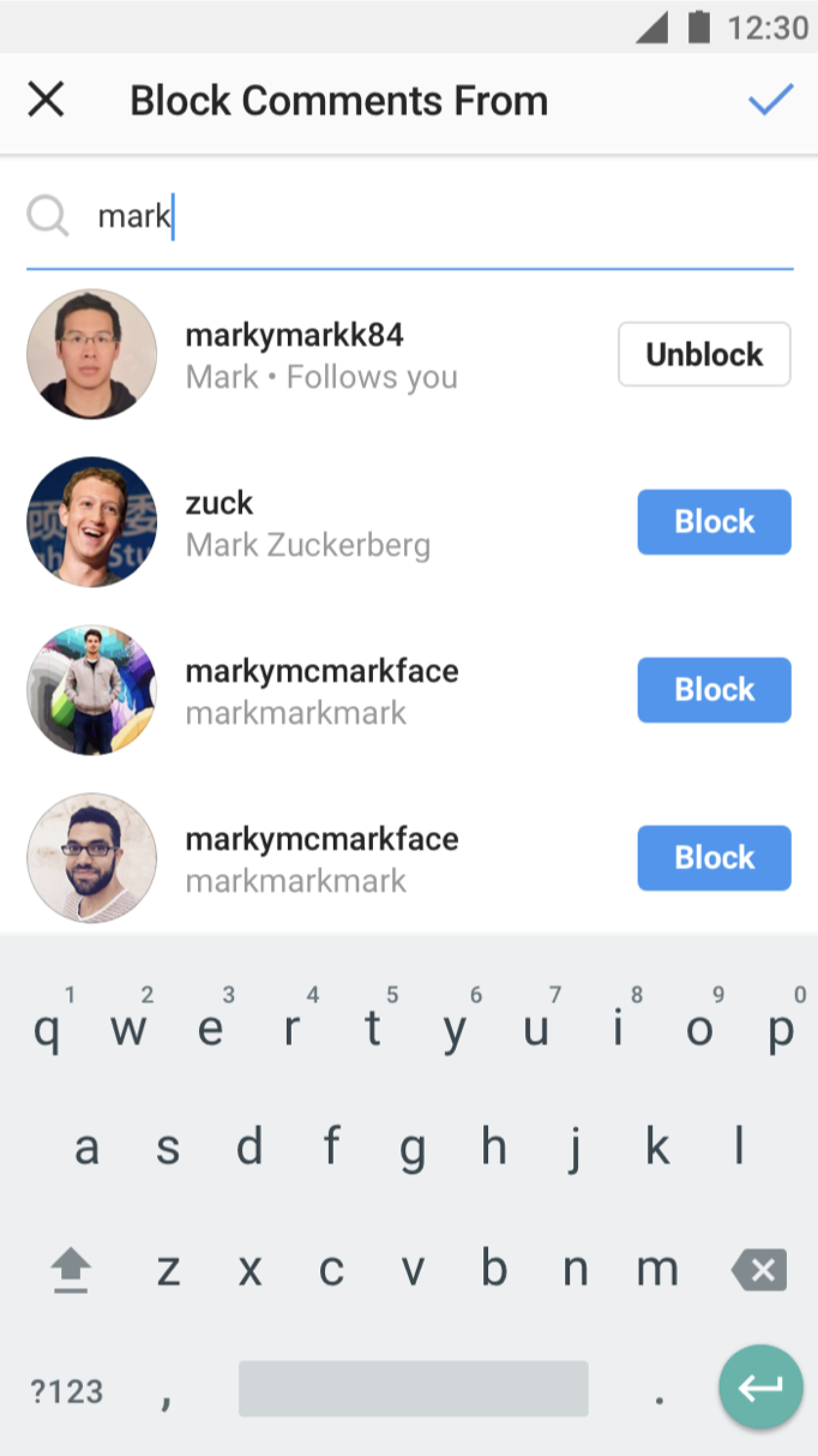 Searching for accounts to block from commenting
