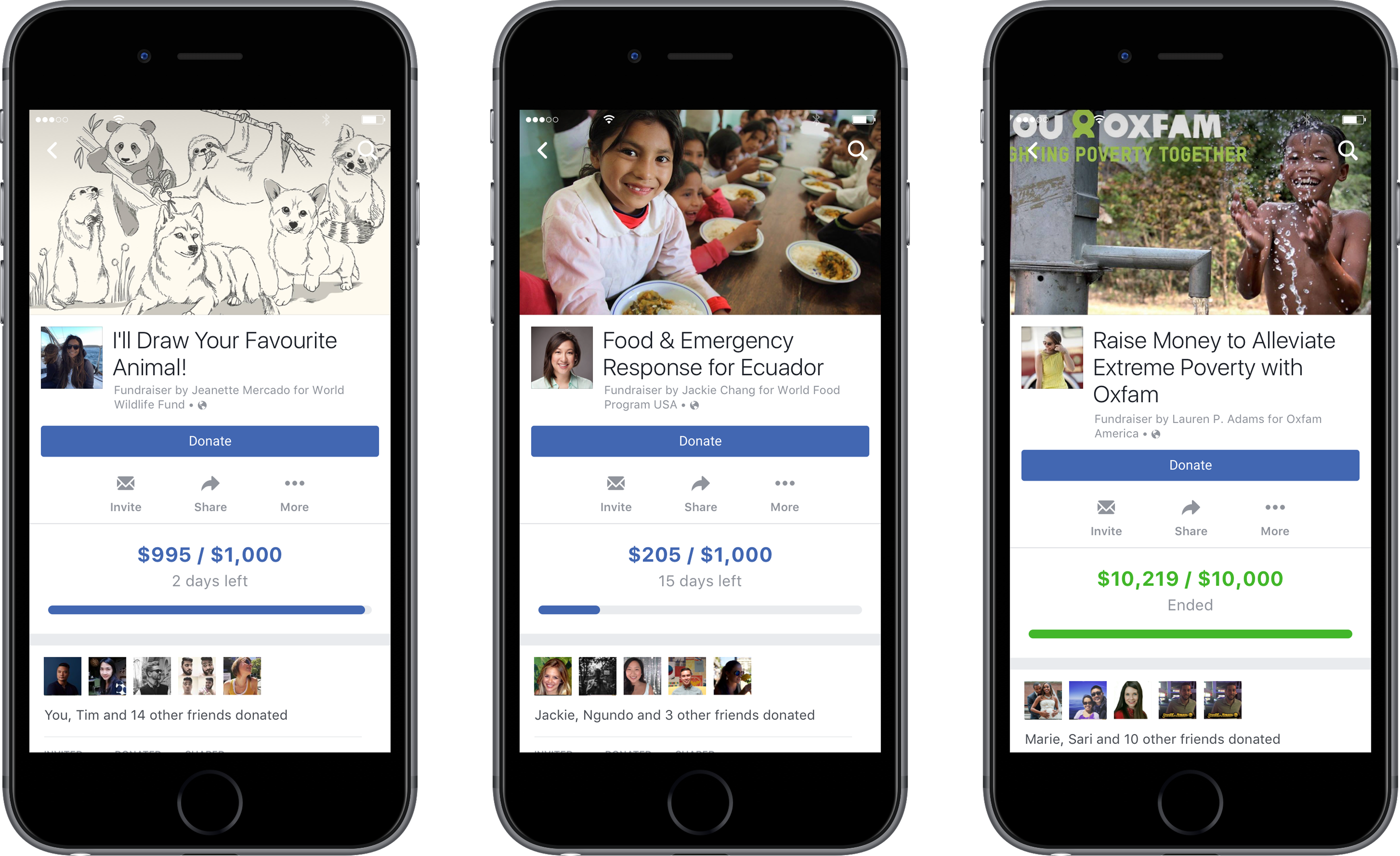 Three Facebook Fundraisers screens supporting wildlife, emergency food relief, and poverty alleviation