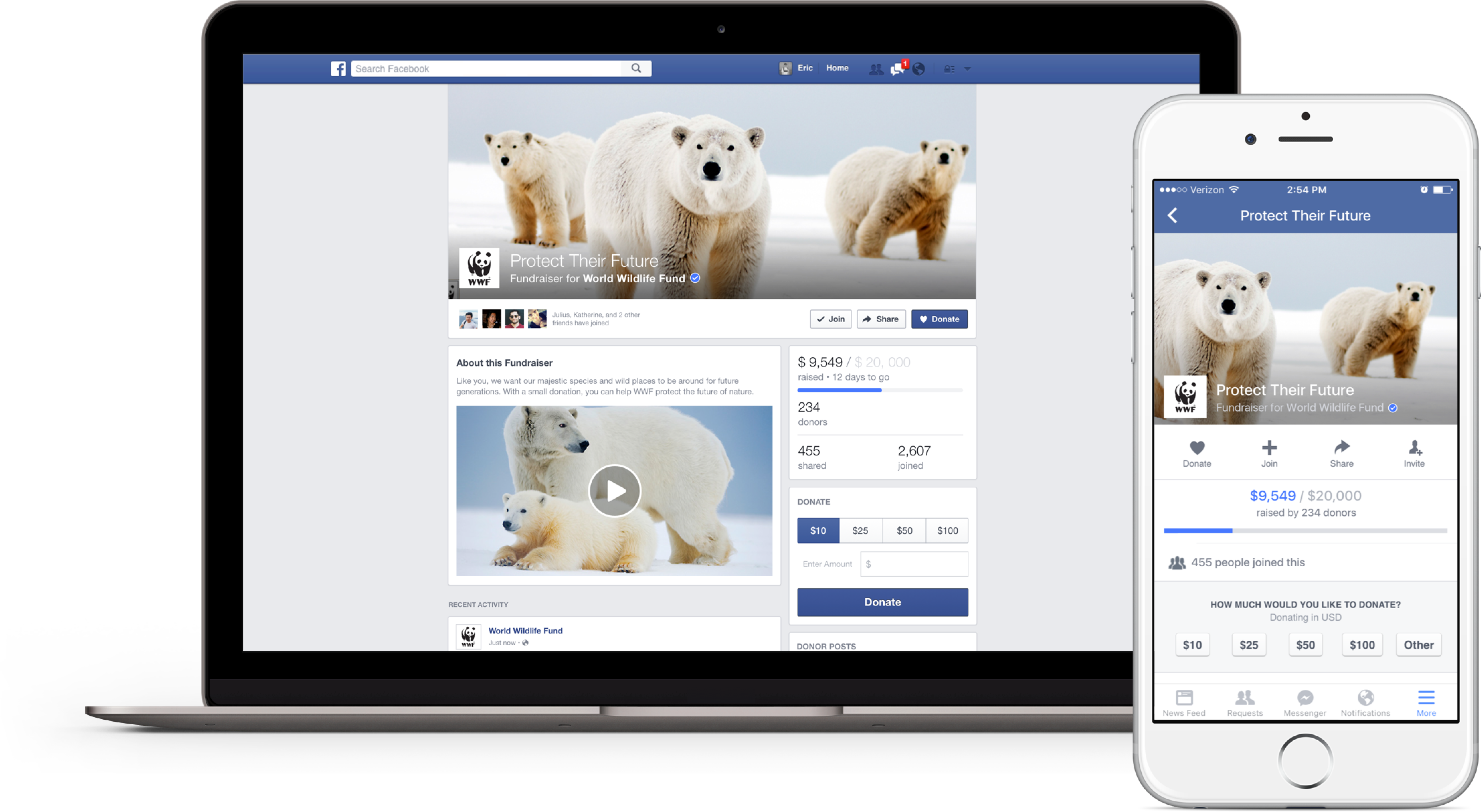 A World Wildlife Fund fundraiser on Facebook, shown on a laptop and phone