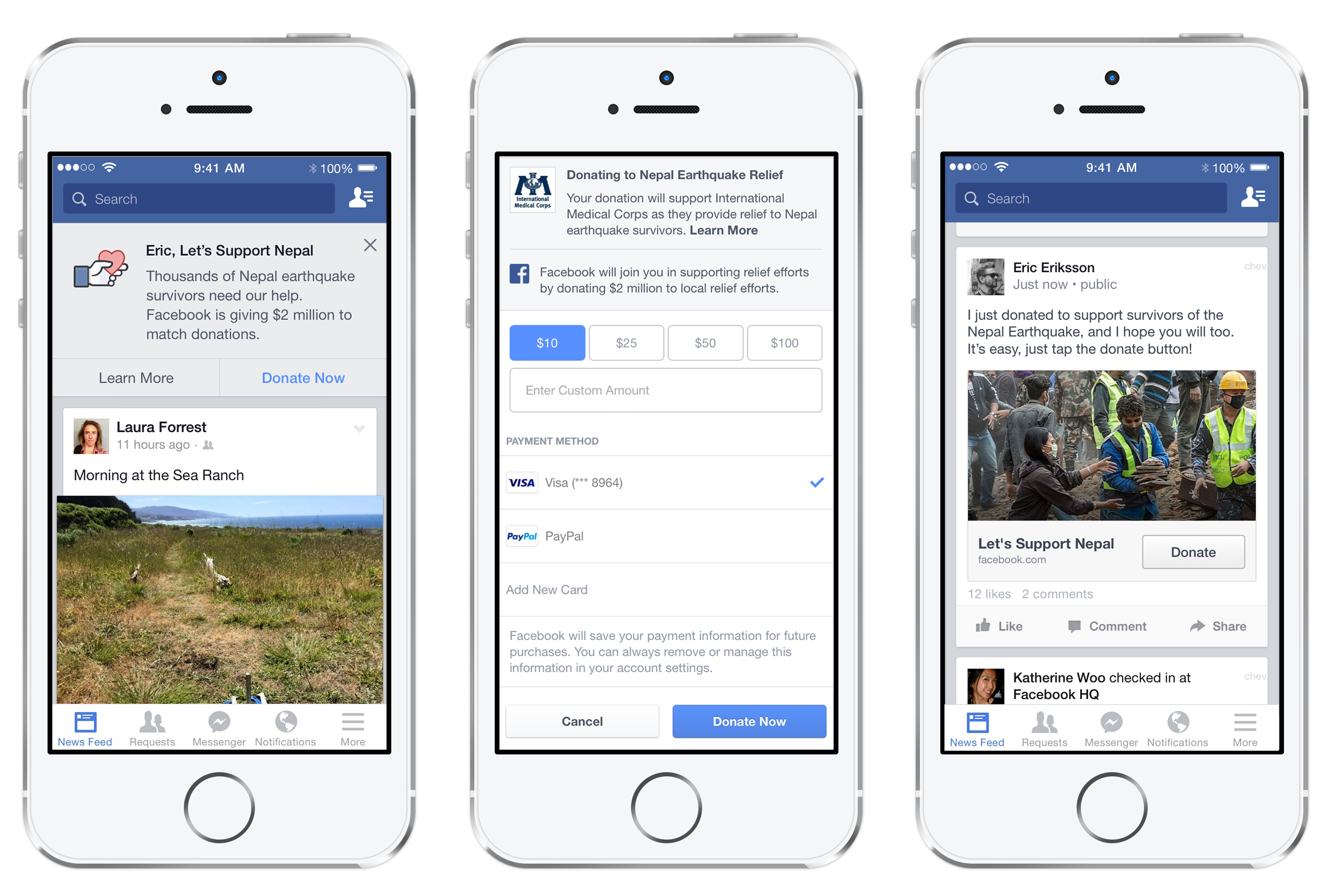 Nepal earthquake relief flow: a News Feed megaphone, donation checkout, and a post inviting friends to donate